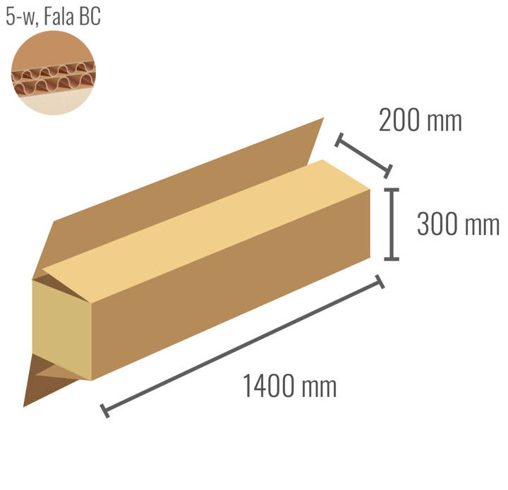 Pudełko z tektury 5-warstwowej 1400x200x300 z klapami na zakład - Klapowe Fefco 203