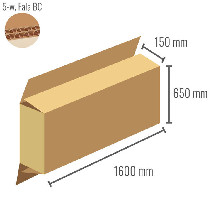 Pudełko z tektury 5-warstwowej 1600x150x650 z klapami na zakład - Klapowe Fefco 203