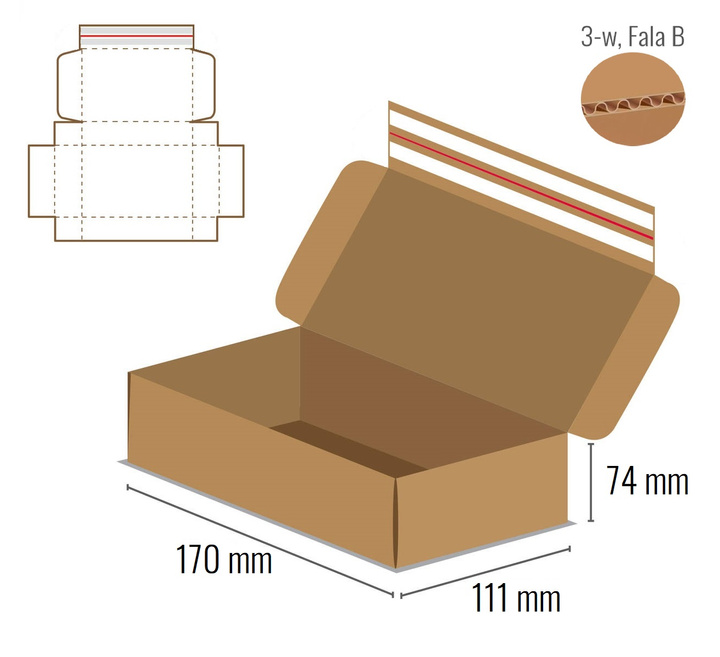 Pudełko fasonowe 170x111x74 - Fefco 427 - z paskiem i zrywką