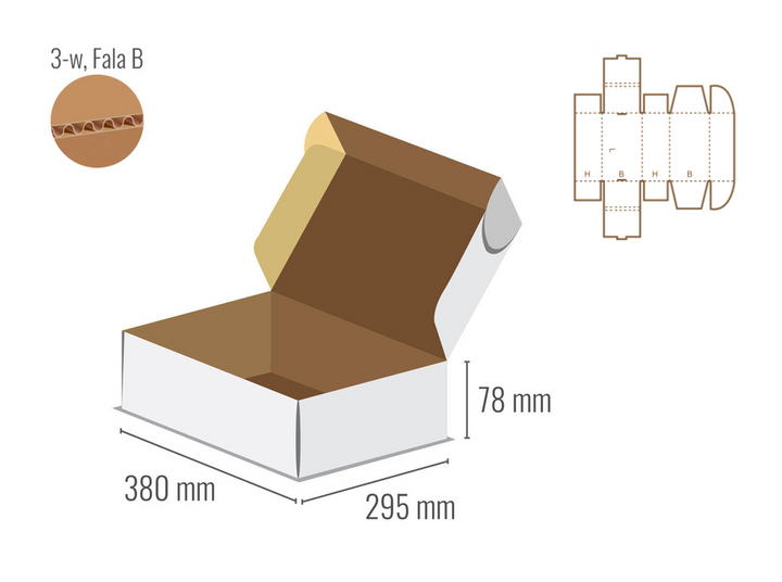 Pudełko fasonowe 380x295x78 - Fefco 427 - jednostronnie bielone