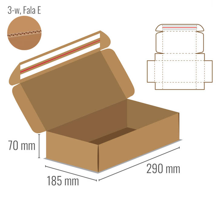 Pudełko fasonowe 290x185x70 - Fefco 427 - z paskiem i zrywką